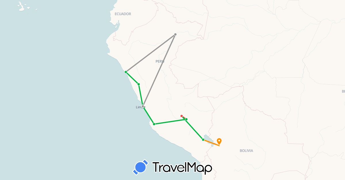 TravelMap itinerary: driving, bus, plane, hiking, hitchhiking in Peru (South America)